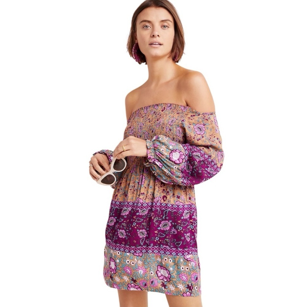 Anthropologie Raga Faye Off-The-Shoulder Floral Mini Milkmaid Paisley Dress L